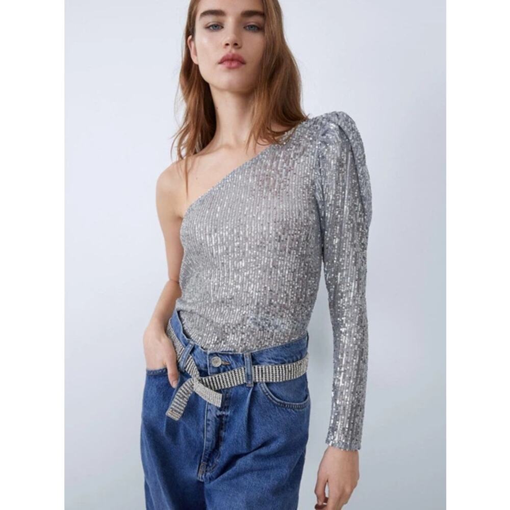 Zara Silver Sequined One Shoulder Long Sleeve Bodysuit Women's Size Large